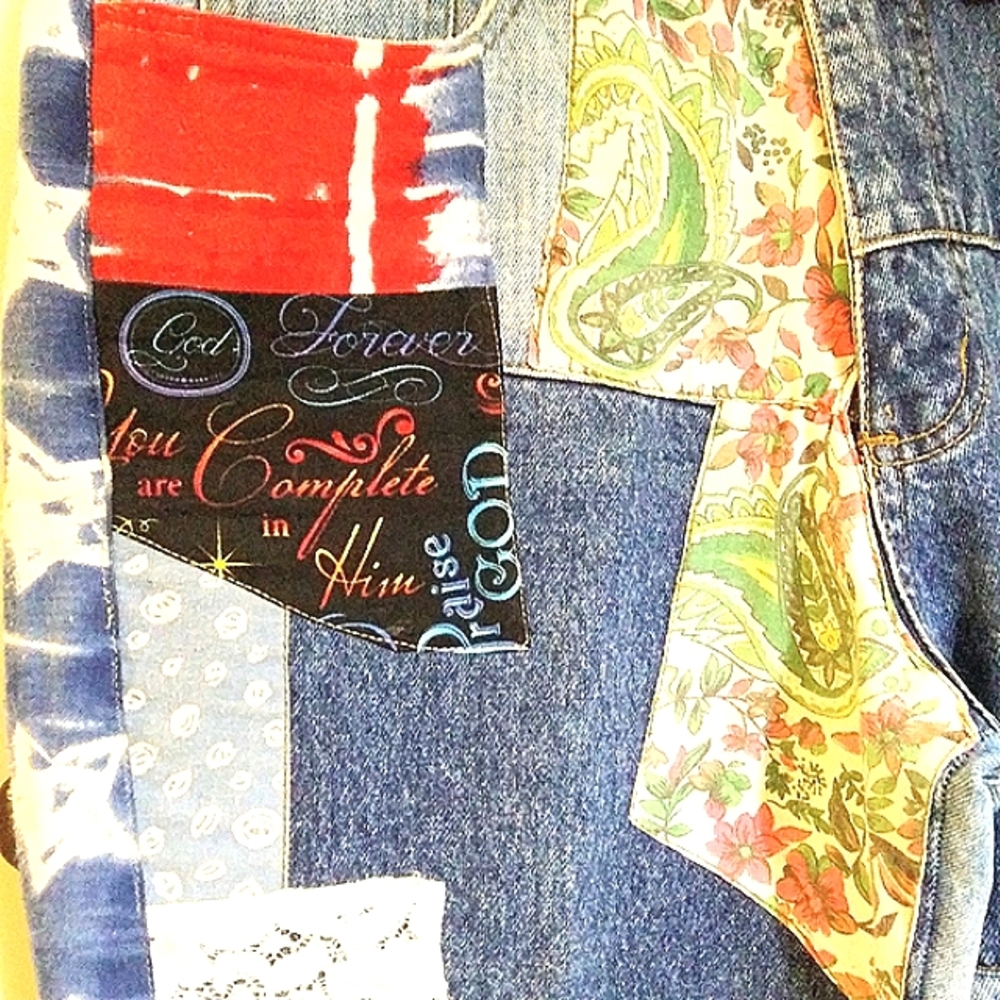 VINTAGE MODA INTL PATCHWORK HIGH RISE TAPERED JEANS - Picture 7 of 13